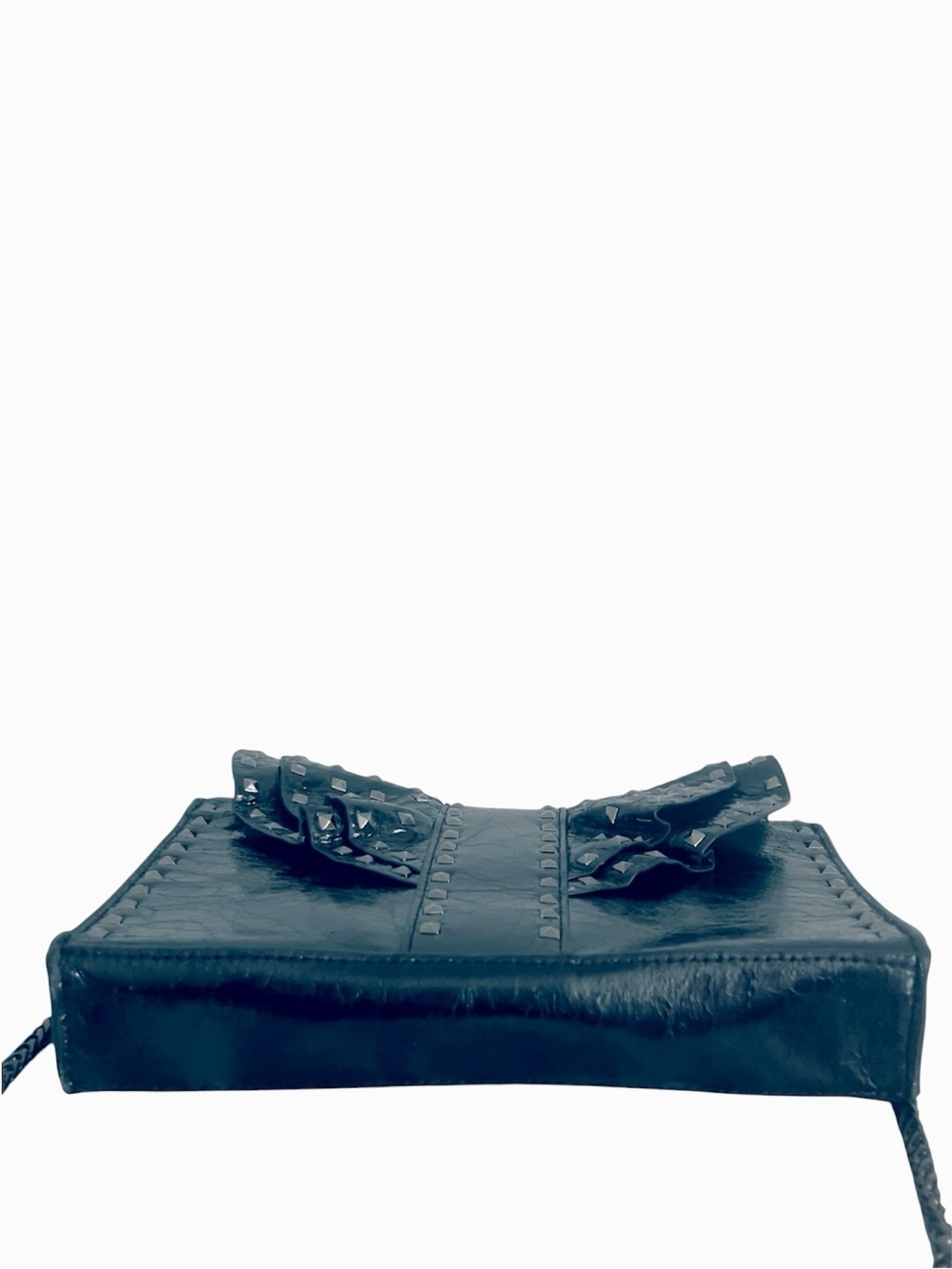 INZI Patent Leather Studded Ruffle Bow Chain Strap Crossbody Shoulder Bag Black - Picture 5 of 14